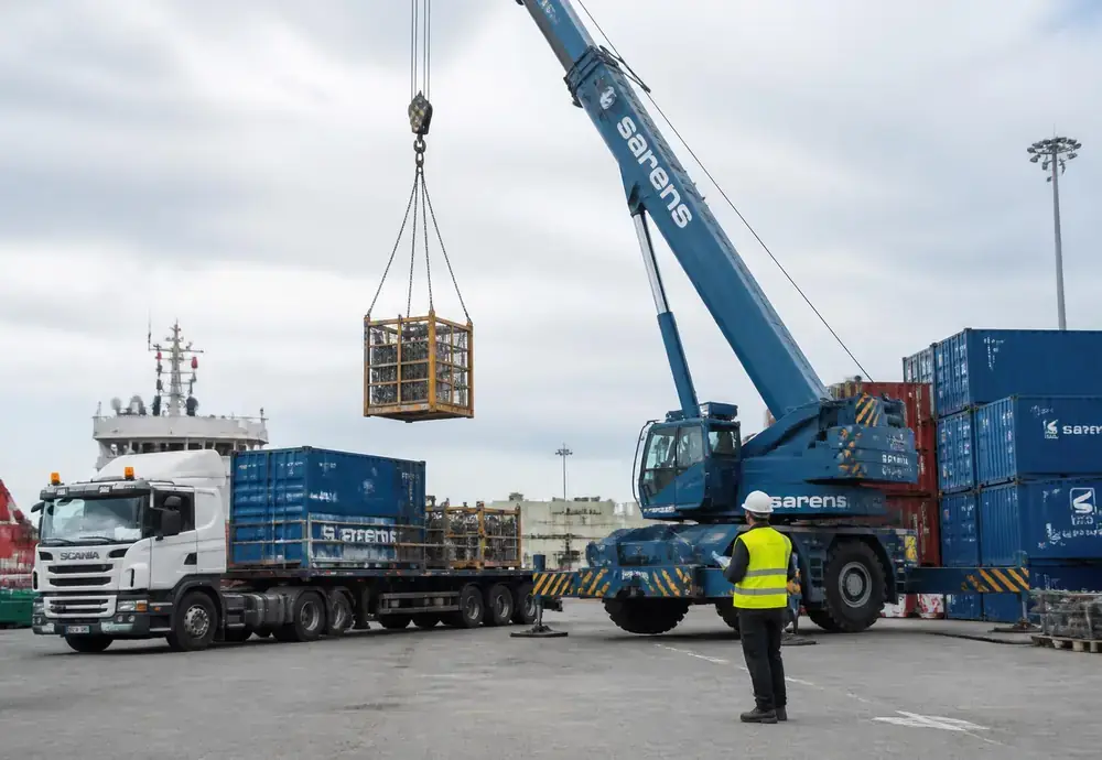 Mobile harbour crane loading cargo baskets onto a truck at a supply base