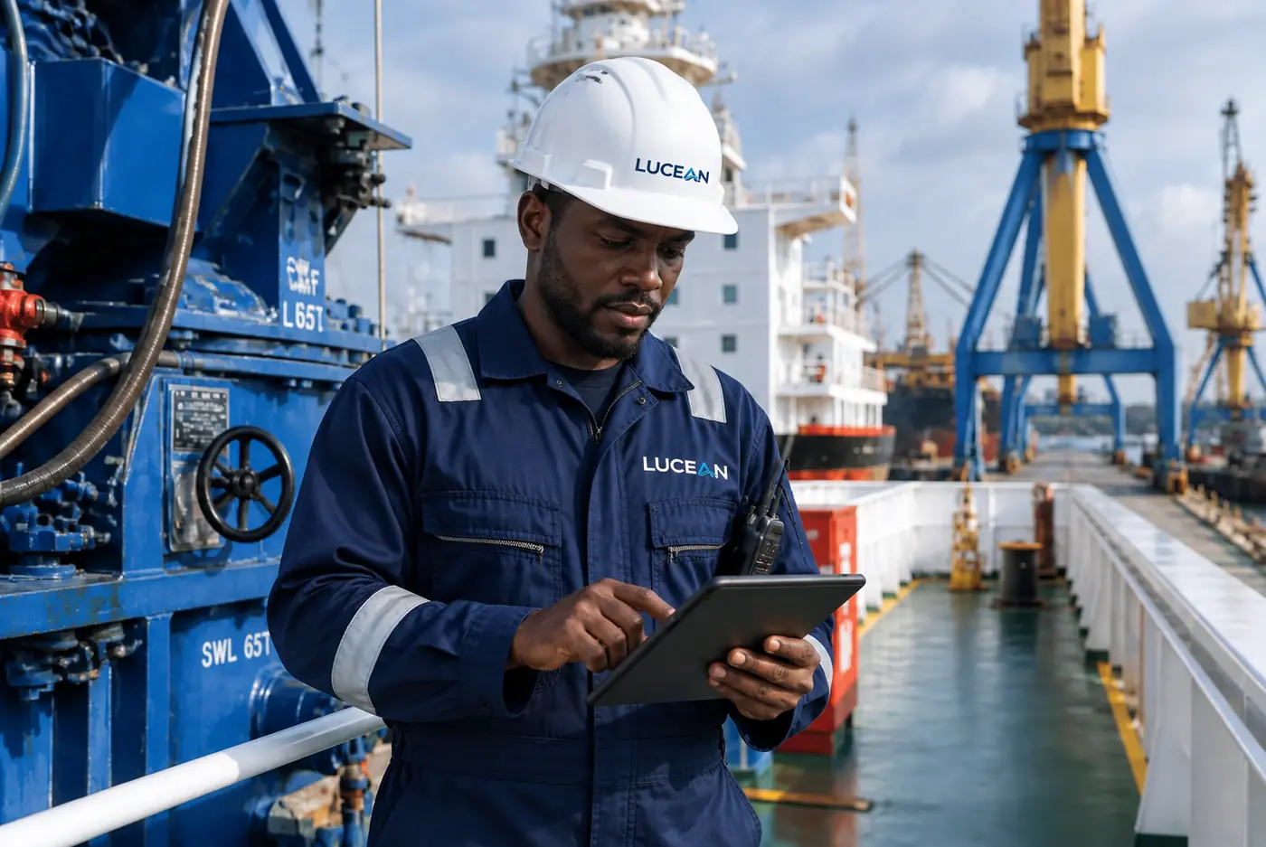 Lucean marine engineer reviewing operations on a tablet aboard a vessel