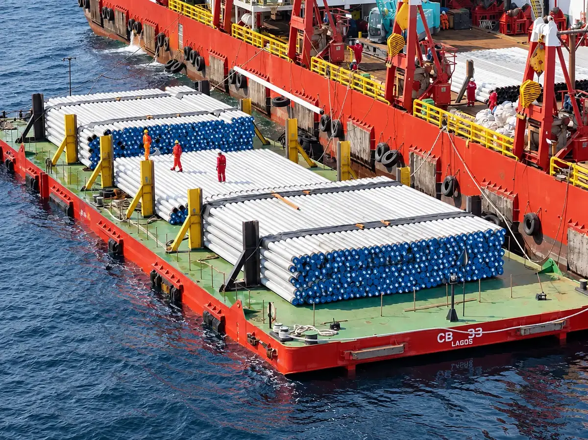 Offshore pipe and casing cargo loaded on a marine barge for vessel supply