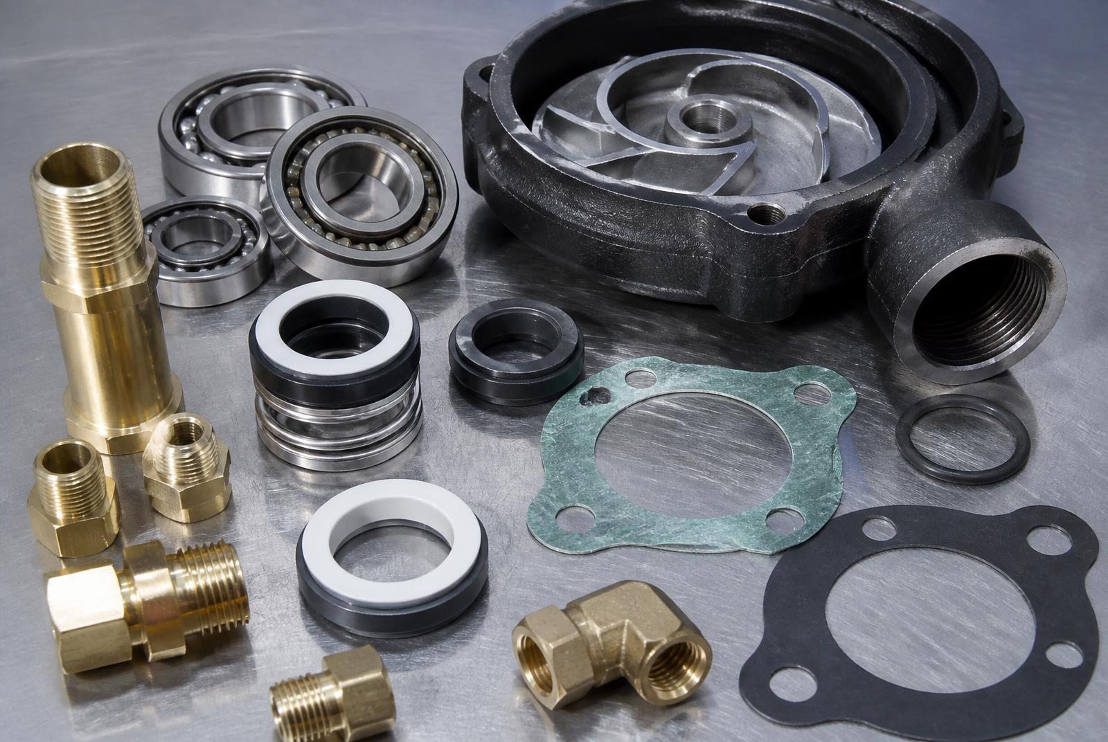 Technical mechanical spare parts laid out on a workshop bench