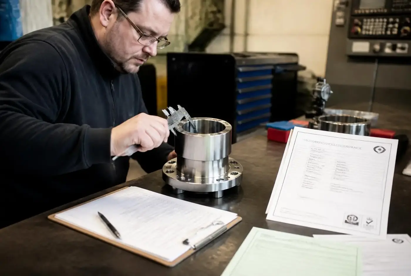 Quality inspector measuring a machined marine component