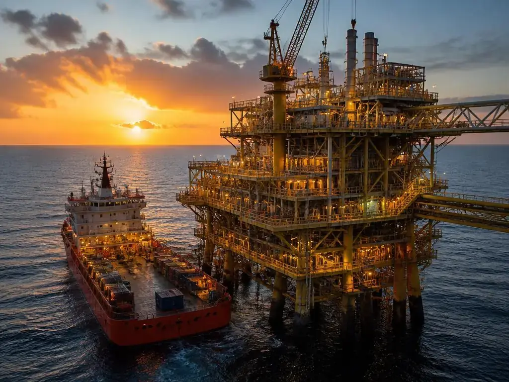 Offshore oil platform with supply vessel at sunset representing oil and gas operators
