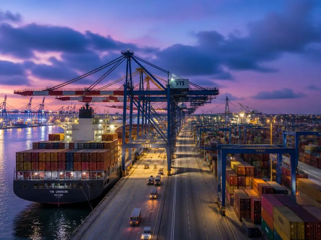 Container terminal cranes and cargo vessels at an industrial port