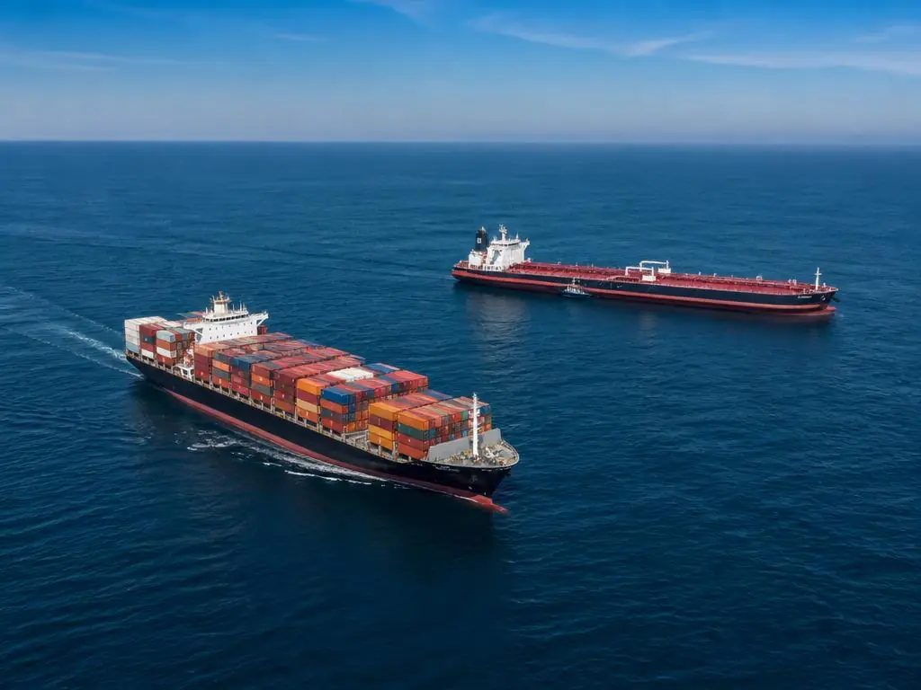 Container vessel and tanker at sea off Lagos
